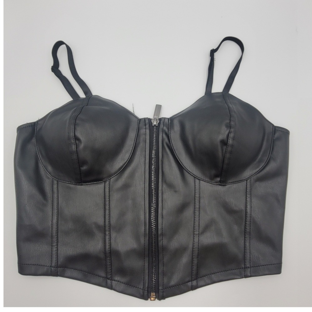 No‎ Boundaries Black Faux Leather Corset Bustier Zip Front Crop Top Womens Small